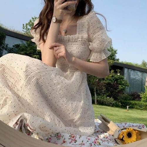 Summer Dot Print Design Sweet Dress Short Sleeve Chiffon Elegant Dress Korean Style Square Collar Party Dress Female
