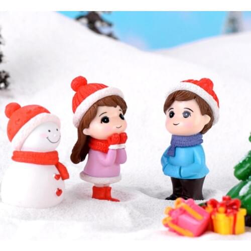 Lovely Couple Snowman Model Figurine DIY Miniature Bonsai Xmas Landscape Decor