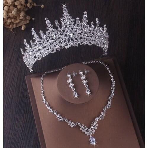 Luxury Silver Color Crystal Water Drop Bridal Jewelry Sets Rhinestone Tiaras Crown Necklace Earrings Wedding Dubai Jewelry Set