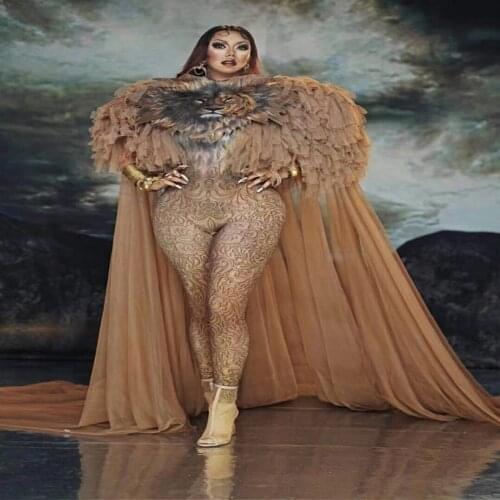 Sexy Lion Pattern Jumpsuit Cloak Women Singer Sexy Stage Outfit Bar DS Dance Cosplay Bodysuit Costume Model Show Clothes