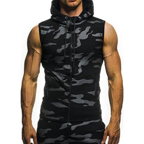 Summer Men Hoodies Fashion Sleeveless Gym Fitness Camouflage Mesh Hoodies Zip Up Sleeveless Hooded Men sports Hoodies 3XL