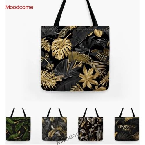 Tropical Plants Leaves Gold Black Palm Leaf Fahsion Tote Bag Grocery Shopping Shoulder Bag Summer Floral Cotton Linen Handbag