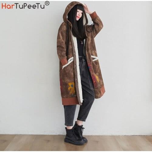 Russia Winter Women Faux Chamois Jacket Warm Thick Lamb Fur Coffee Long Coat Plus Size Loose Hooded Snow Outwear with Pockets