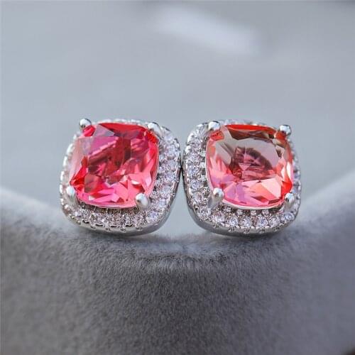 Elegant Pink Yellow Zircon Square Studs Earrings For Women Rainbow Gradient Stone Silver Color Earrings Vintage Fashion Jewelry
