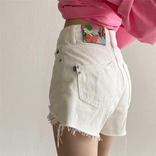 2021 Summer Denim Shorts White Ripped Womens Denim Shorts Vintage High Waist Shorts Flexible Womens Jeans Shorts Ladies Bottom