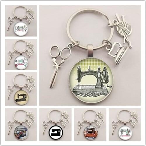 Vintage sewing machine keychain scissors keychain glass round art picture keychain handmade jewelry gift