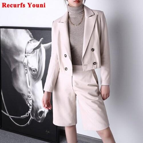 Two Piece Pants Suits Women Harajuku Genuine Leather Pockets Short Jacket Female Lambskin Handsome White Midi Long Shorts Sets