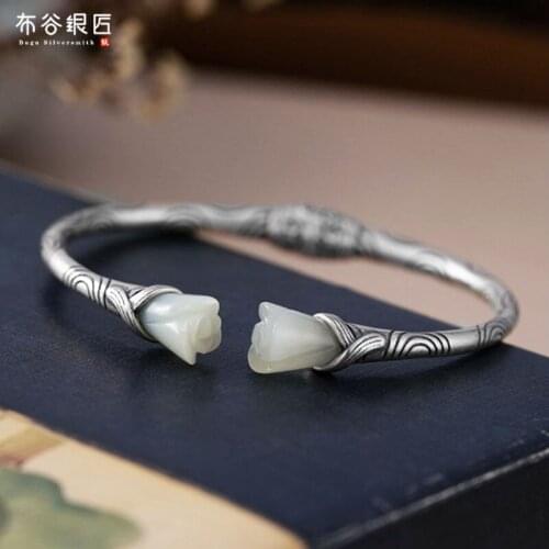 Female national style and tian jade magnolia elegant temperament returns-vintage pattern silver bracelet