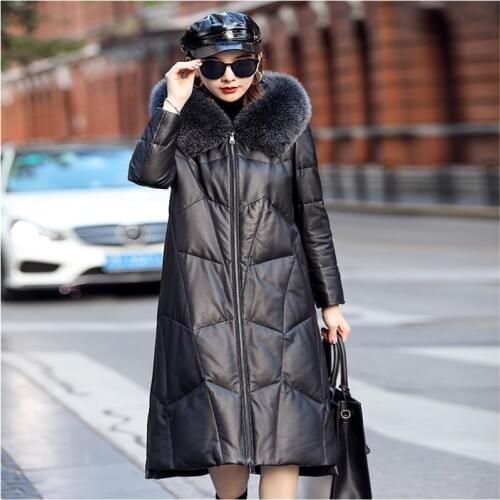 Sheepskin down female long section autumn winter new Korean leather hooded fox fur collar leather down Big size womens Coat