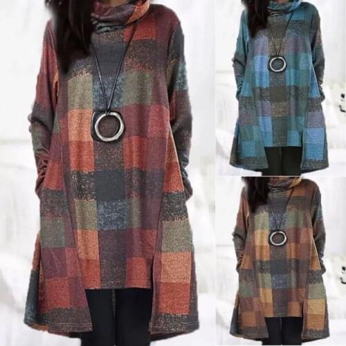 50% HOT SALES！！！Women Dress Long Sleeve A Line Plaid Print Pockets Irregular Streetwear for Autumn