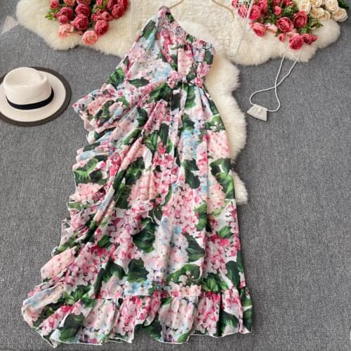 Summer Print Long Dress Women French Diagonal collar Ruffles Dress temperament A-Line Dress Female 2021