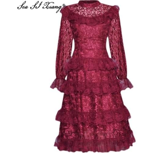 Seasixiang Fashion Designer Spring Dress Womens Flare Sleeve Mesh Embroidery Cascading Ruffle Vintage Dresses