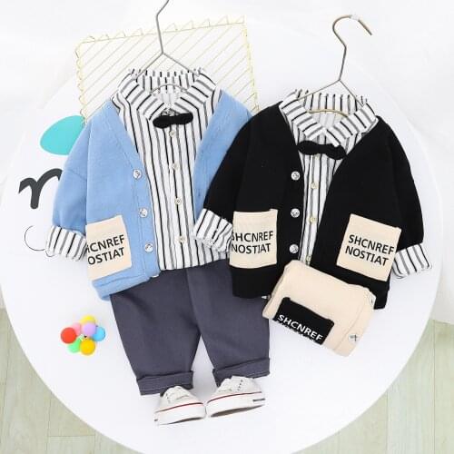 2021 New Spring Autumn Fashion Toddler Boy Clothing Sets Wool Cardigan Sweater+Stripe Shirt+Pants 3pc Children Outfits 1-5 Years