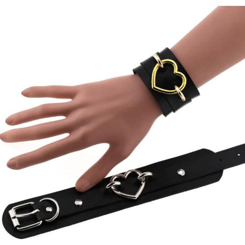 KMVEXO Punk Rock Gothic Punk Wide Cuff Leather Bracelet Bangle 2020 New Fashion Gold Metal Heart Bracelets for Women Men Jewelry