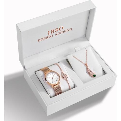 IBSO Watch for Women 1 Set Bracelet Japan Quartz Movement Simple Waterproof Rose Gold Leaf Start Stainless Steel Mesh Lady watch