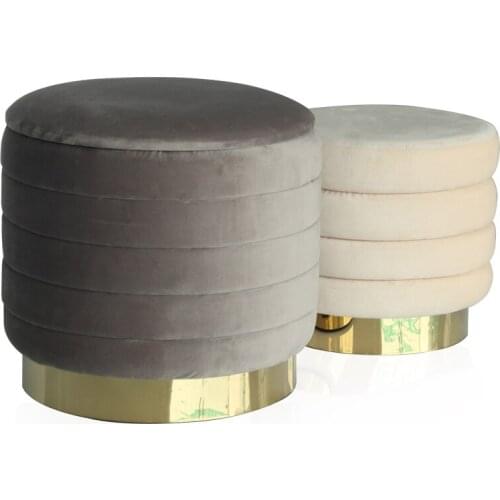 Decorative Set of 2 Round Velvet Storage Ottoman Stool With Gold Ring Base