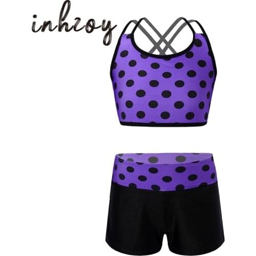 Kids Polka Dots Fitness Workout Tankini Sets Girls Ballet Costume Traning Dancewear Children Gymnastic Clothes Shorts Tops Suits