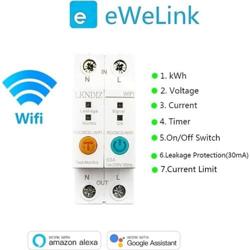 63A Ewelink Single Phase WIFI Smart Energy Meter Kwh Metering Monitoring Circuit Breaker Timer Relay with Leakage Protection