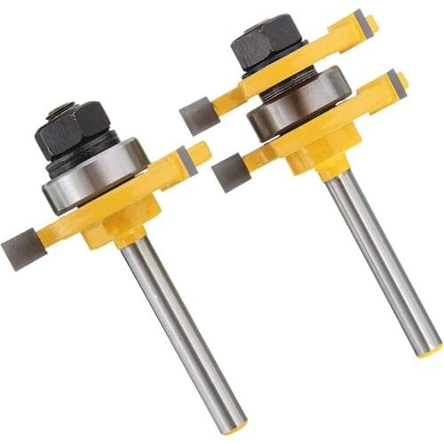 2Pcs 6/8mm Shank 3 Tooth T Mortise Tenon Cutter Woodworking Tongue Groove Router Bit Set