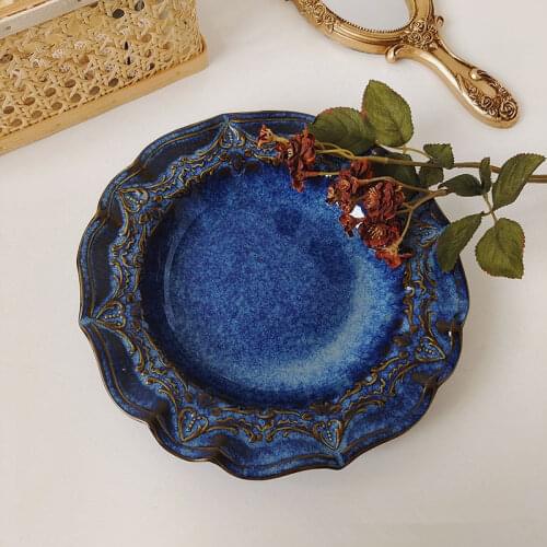 CuteLife Nordic Blue Carving Round Ceramic Plate Retro Dessert Bread Snack Cake Plate Kitchen Breakfast Wedding Plates Dishware