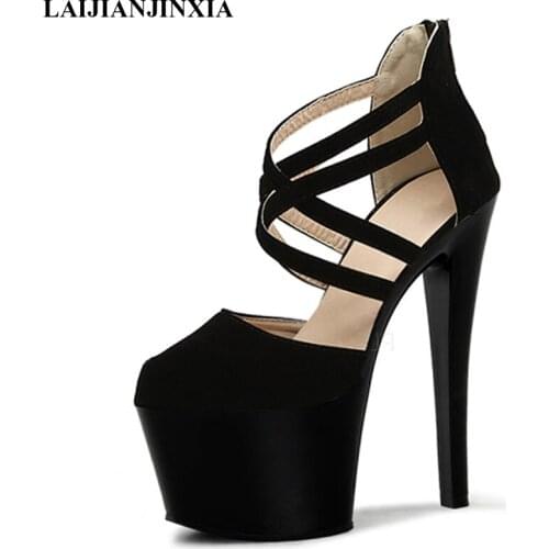 LAIJIANJINXIA New Sexy Zip Womens High Heels Pole Dance Shoes Night Club Party Dancing Shoes Platform 17CM Thin Heels Sandals