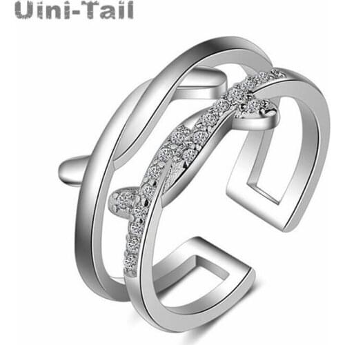 Uini-Tail hot new 925 sterling silver personality simple double-layer line open ring female micro-set trend ring one generation