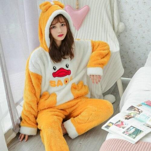 Cute Winter Flannel Pajamas Set Womens Sleepwear Thick Plush Animal Cartoon Warm Girl Plus Velvet Hooded Homewear Tops XXL