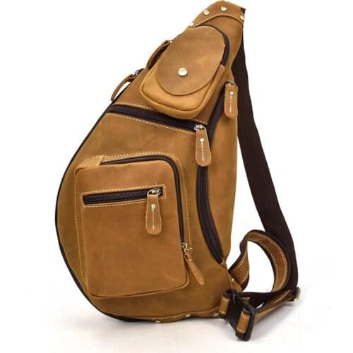 Male Single Shoulder Back Pack Crossbody Bags Unique Mens Crazy Horse Leather Chest Bag Real Leather Cowhide