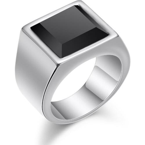 Mens Rings Simple For Men With Black Opal Square Flat Gel Stone High Polishing Middle East Turkish Jewelry