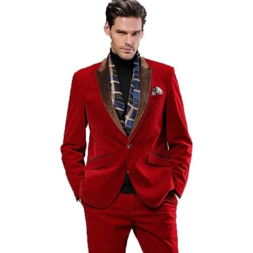 2020 Autumn Winter Black Red Velvet Man Suit Two Pieces Mens Wedding Prom Dinner Suits Sliver Lapel Groom Tuxedos (Jacket+Pants)