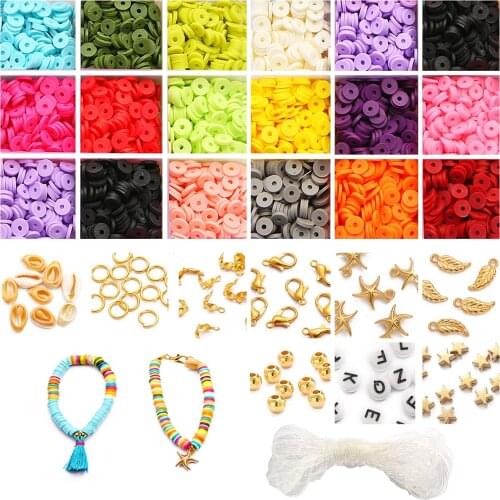 Flat Round Polymer Clay Spacer Beads Kit Charms Elastic String Lobster Clasp Box for Jewelry Making DIY Bracelets Earring Set
