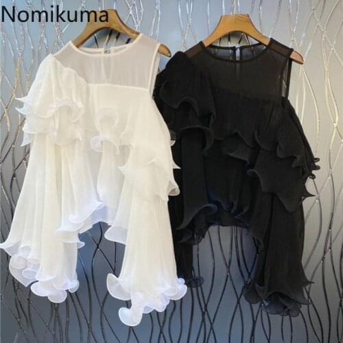 Nomikuma Sexy Strapless Ruffle Women Chiffon Blouse Causal Flare Sleeve O-neck Top Shirts 2021 Summer New Pullover Blusas 6H911