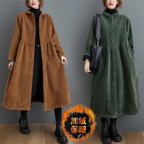 Autumn Winter Fashion Corduroy Dress Womens Mid-length Vestidos Mujer 2021 Large Size Velvet Thick Loose Casual Cardigan Dresses