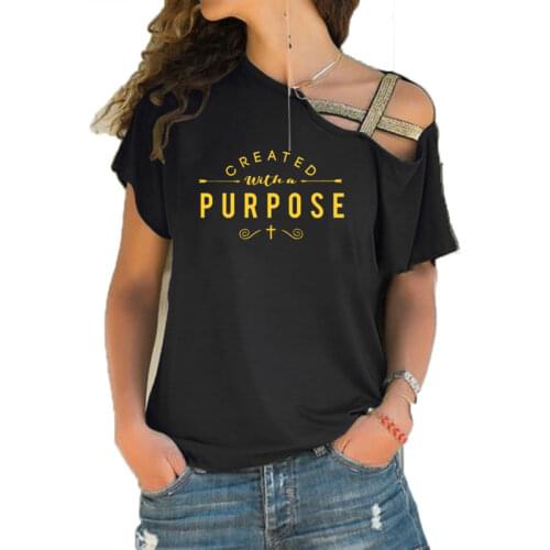 Created with A Purpose Graphic T-Shirt Christian Religion Aesthetic t shirt Women Irregular Skew Cross Bandage Top Jesus Tops