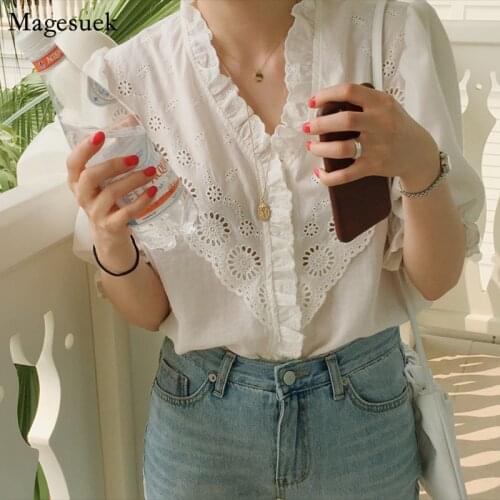 Korean Chic Sweet V Neck Lace Hollow Shirt Woman Summer Short Sleeve Ruffled White Blouse Women Clothing Office Lady Tops 14366