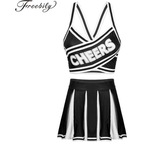 2Pcs Women Cheerleading Uniforms Outfit Elastic Striped Straps Crop Top with High Waist Pleated Skirt Adults Cheerleader Costume