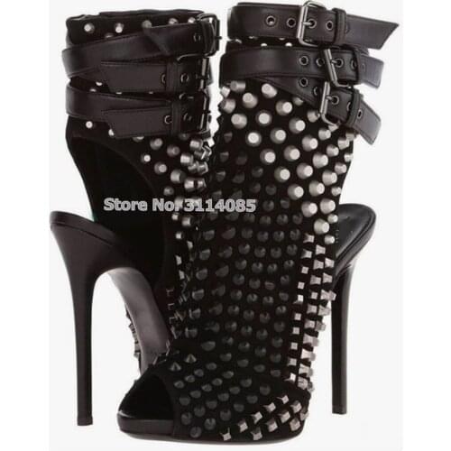 Women Stiletto Heel Black White Studded Ankle Boots Open Toe Punk Rivets Buckle Strap Dress Pump Dropship Celebrity Stage Shoes