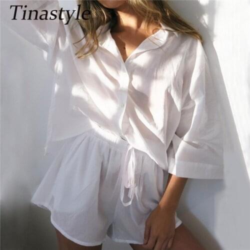 Tinastyle Two Piece Set For Women Solid Buttons Short Sleeve Crop Top Shorts Ladies 2021 Summer New Vintage Elegant Sets Fashion