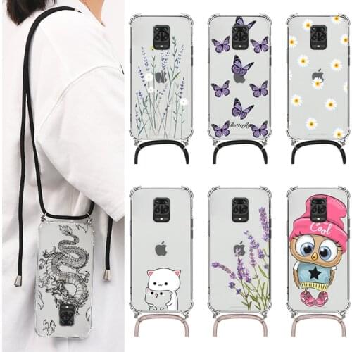 For Xiaomi Redmi Note 9 Pro 9S Hard PC Airbag Crossbody Necklace Lanyard Cases For Redmi note9 Note 9 S 9Pro Flower Clear Covers