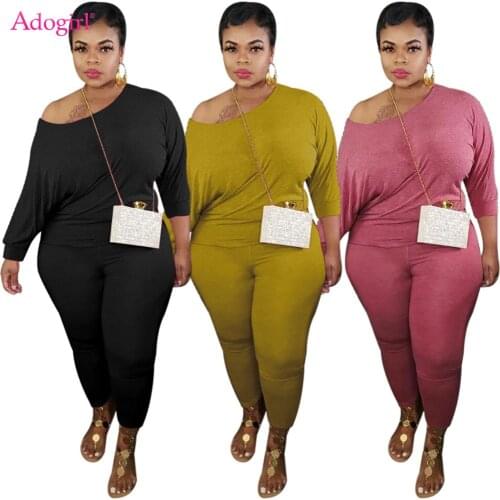 Adogir Solid Plus Size Two Piece Set Tracksuit 3/4 Sleeve Loose T Shirt Top Pencil Pants Suit Jogging Outfits Casual Clothes
