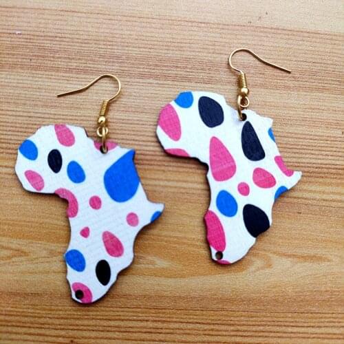 30 Colors Cute Printing Flower Earring African Map Drop Earrings Women Golden Hooks Wooden Eardrop Asymmetrical Earring12 Pair