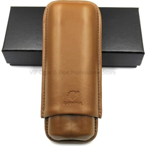 Cohiba Brown Genuine Leather 2 Tube Cigar Holder Case Humidor New