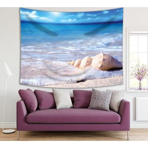 Tapestry Seashells in Water Sandy Beach Seashore Summertimes Offer Sky Nature Waterscape Photo Beige Blue