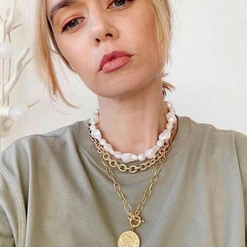 Large Grain Pearl Necklace for Women Metal Embossed Human Head Collarbone Chain Necklace Women Multilayer Necklace