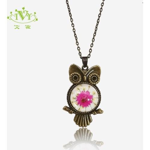 2019 New Handmade Pendants Owl Necklace for Women Boho Dried Flowers Bronze Color Long Necklaces Fashion Jewelry Christmas Gift
