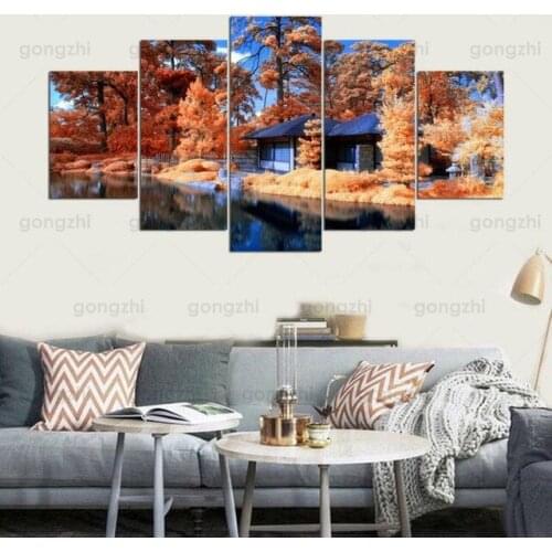 Autumn Photography Beautiful Scenery Wall Painting Lake Water Yellow Tree House Hd Home Decoration Frameless Canvas Print Poster