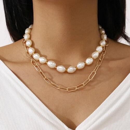 Punk Fashion Thick Chain Baroque Pearl Choker Necklace for Women Double Layers Geometric Chains Clavicle Necklace Colar Jewelry
