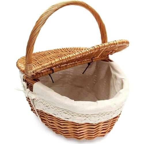 Handmade Wicker Basket with Handle Wicker Camping Picnic Basket with Double Lids Shopping Storage Hamper Basket with Cloth