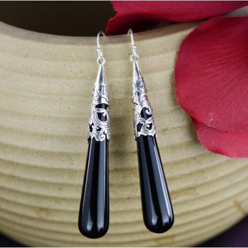 Restoring ancient ways S925 pure silver jewelry wholesale womens black agate pendant earrings long personality fashion