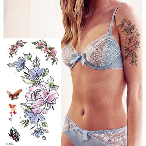 Purple flower tattoos girls sexy fake tattoo flower butterfly temporary body tattoo sticker women tatoo fake watercolor decal
